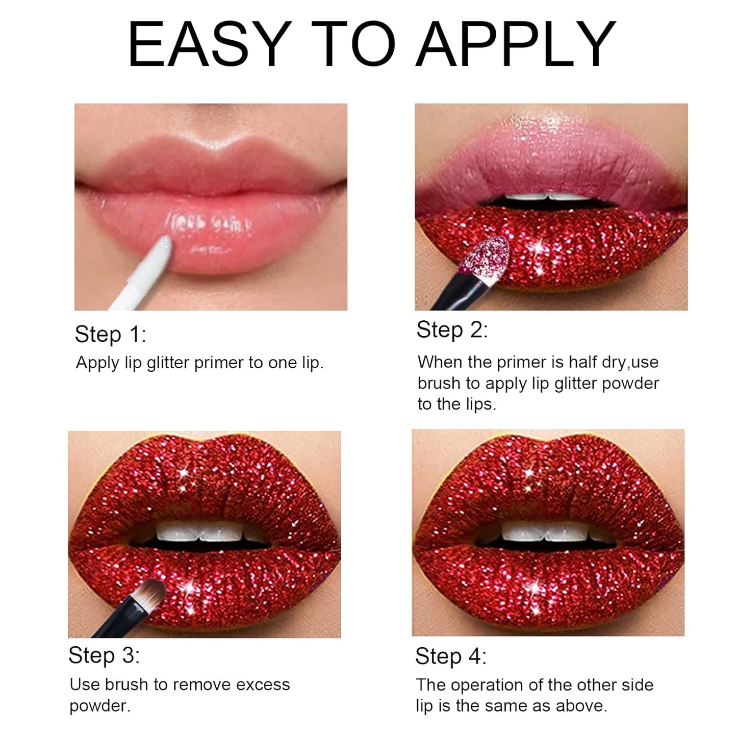 KYDA 3 Colors Glitter Lip Kit, Diamond Metllic High Pigmented Powder for Lips Cosmetics, Glitter Lips Makeup,with Lip Primer and Brush, Long Wear-Set D