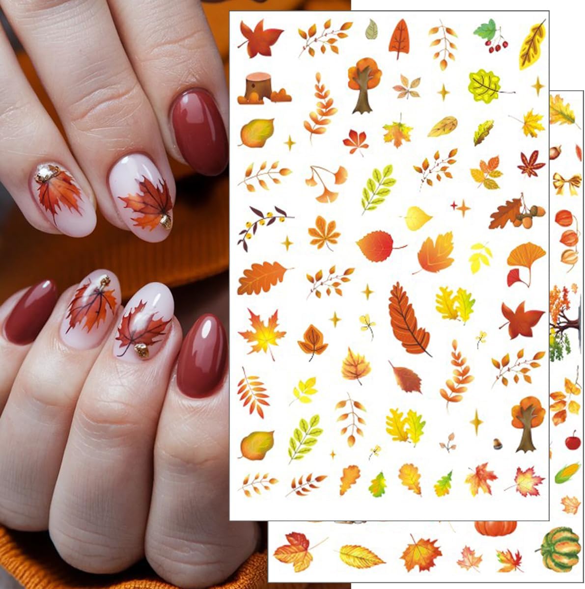 6Pcs Fall Nail Stickers for Nails Art - Cute Pumpkin Nail Decals Yellow Fallen Leaves for Nails Autumn Maple Leaf Theme Thanksgiving Nail Design Adhesive Sticker Sliders for Women Nail Art Decorations