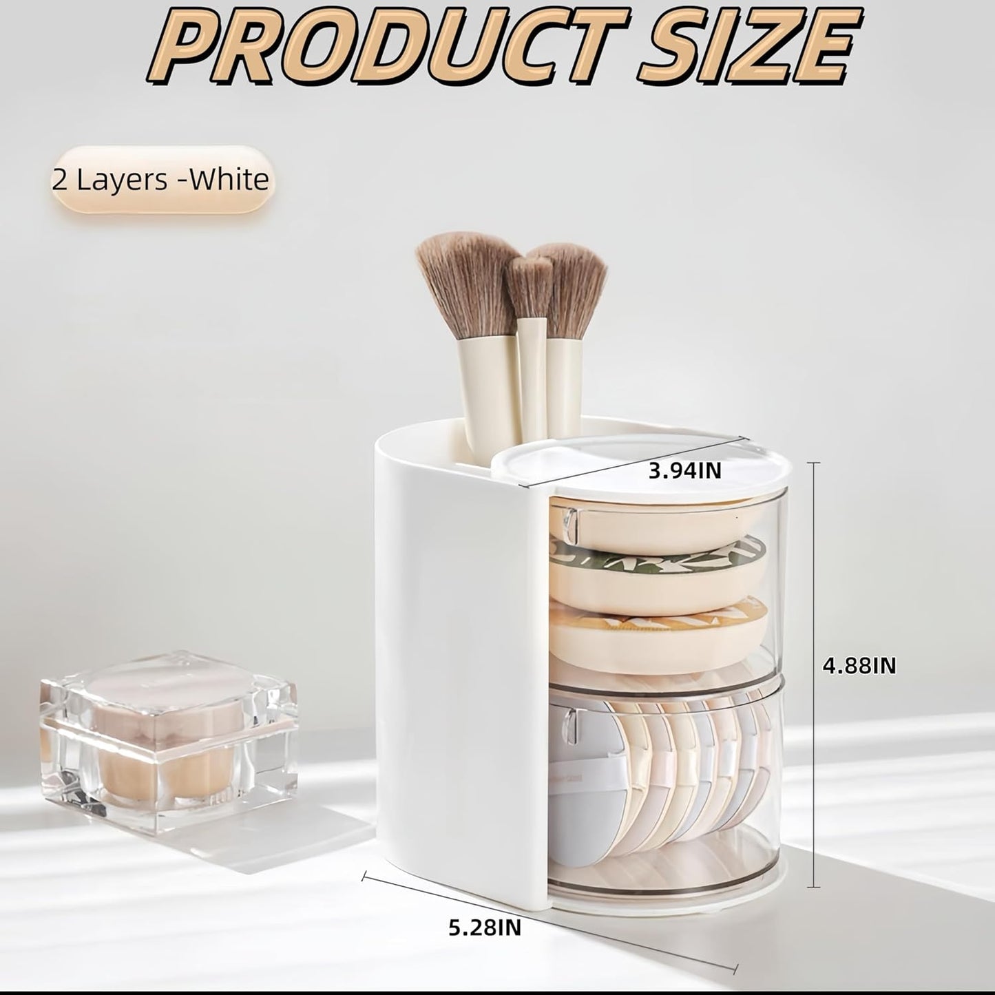 Hair Accessories Organizer with Hair Brush Holder, Rotatable Makeup Brush Holder for Necklaces, Earring, Bracelet, Ring, Makeup Brushes, Hair Clip and Hair Accessories (White, 2-Layer)