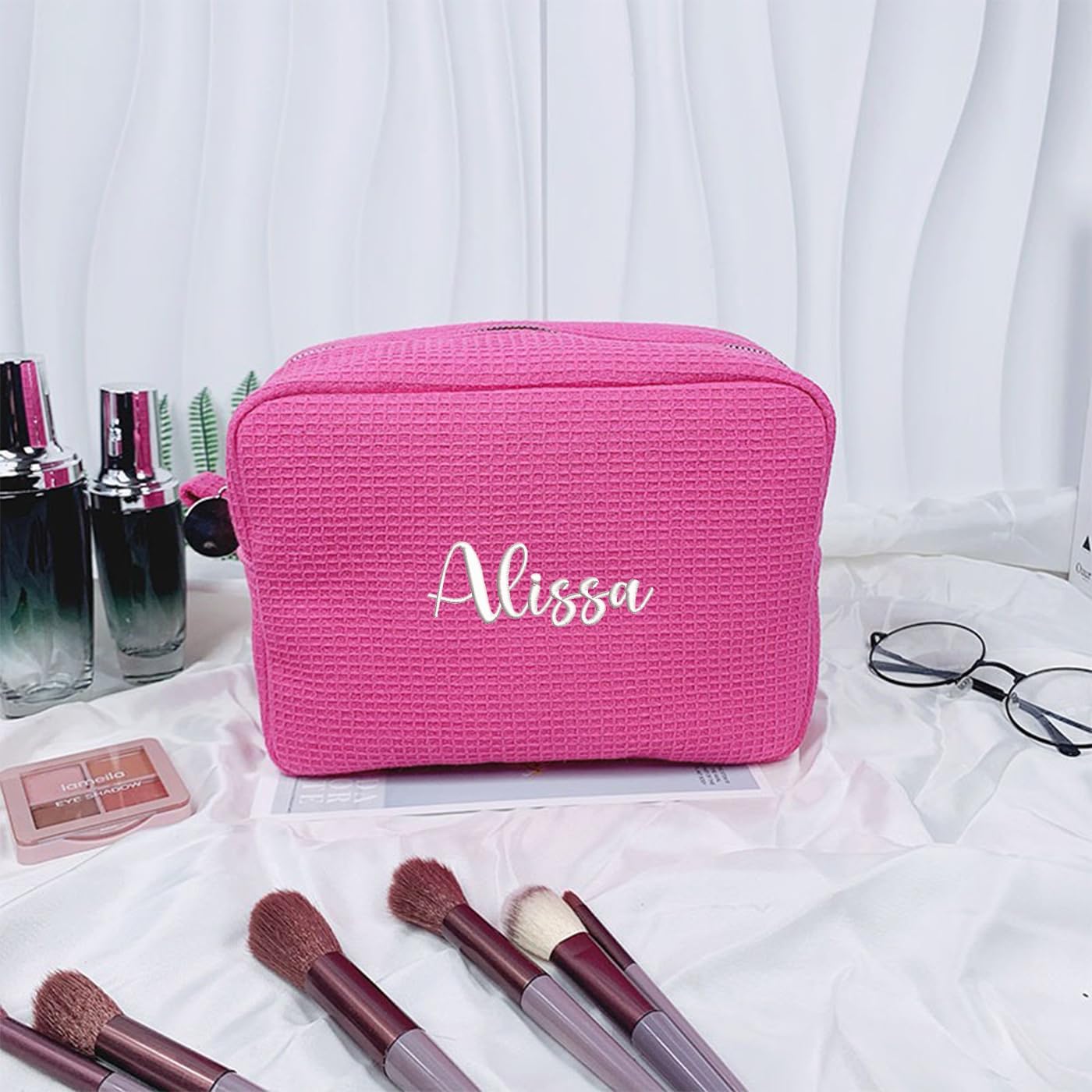 GOPHIE Personalized Embroidered Makeup Bag,Custom Waffle Fabric Cosmetic Pouch for Women, Travel Makeup Pouch (6, Hot Pink)