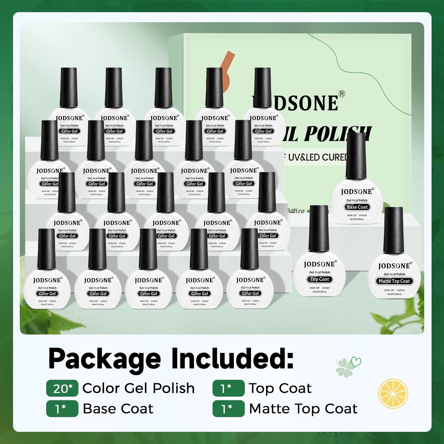 JODSONE Gel Nail Polish 20 Color Blue Red Matching Base Coat Glossy and Matte Top Coat 23 Bottles of 10ml Professional Nail Care Use