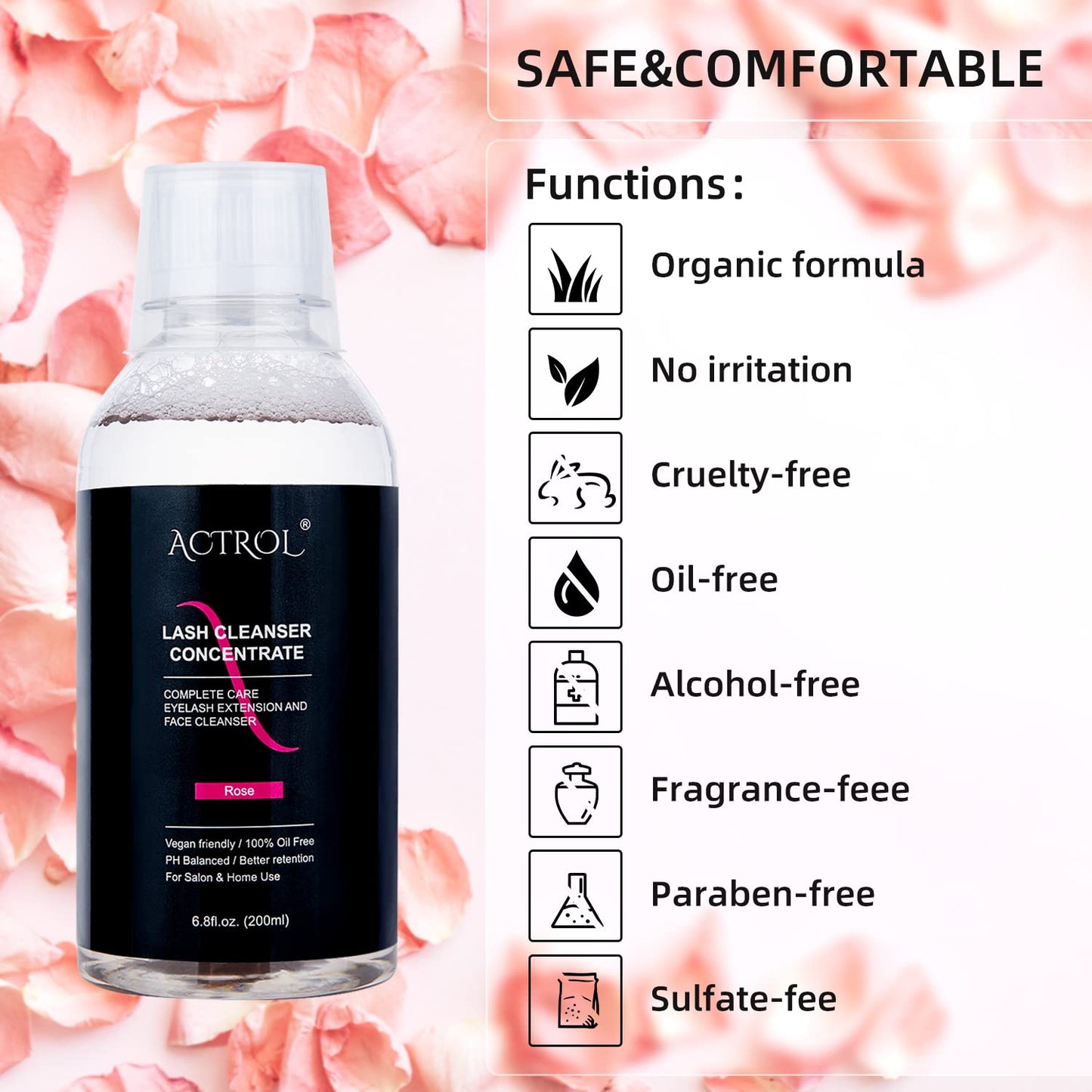 Eyelash Cleanser Concentrate 200ml Rose Professional Lash Shampoo Foaming Cleanser DIY Paraben & Sulfate Free Non-lrritating Wash for Extensions Lashes with Salon Home Care-Makes 40 Bottles