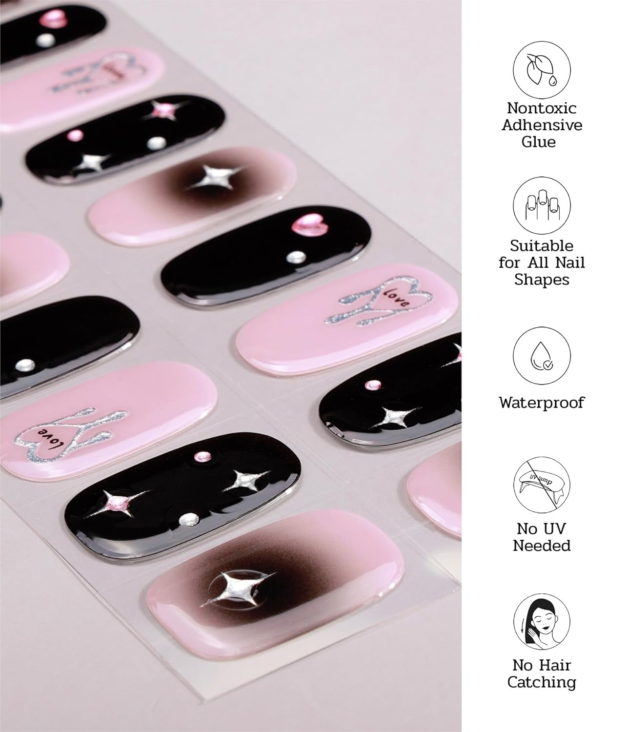 Nail Polish Strips - 22 Pcs Salon Quality Gel Nail Stickers - Long Lasting Wraps (Starlit Blooming Black&Pink)
