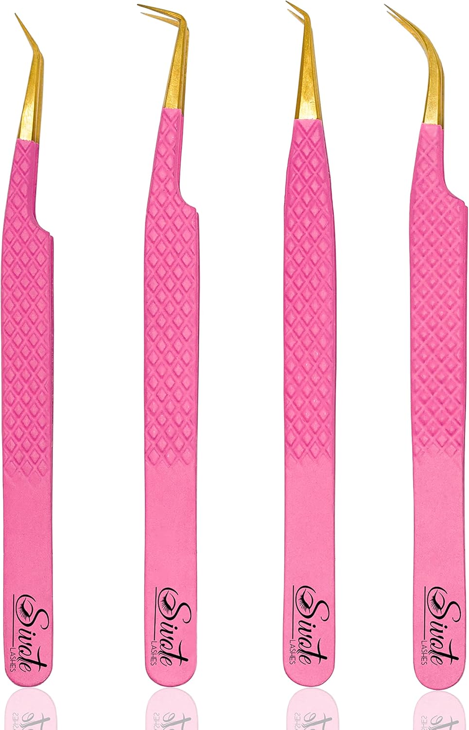 SIVOTE Fiber Tip eyelash tweezers for lash extensions with Diamond Grip, Pink, Set of 4 - Precise Tips Japanese Steel for Classic, Volume & Mega Volume Lashes, Anti-Rust - Ideal for Lash Artists