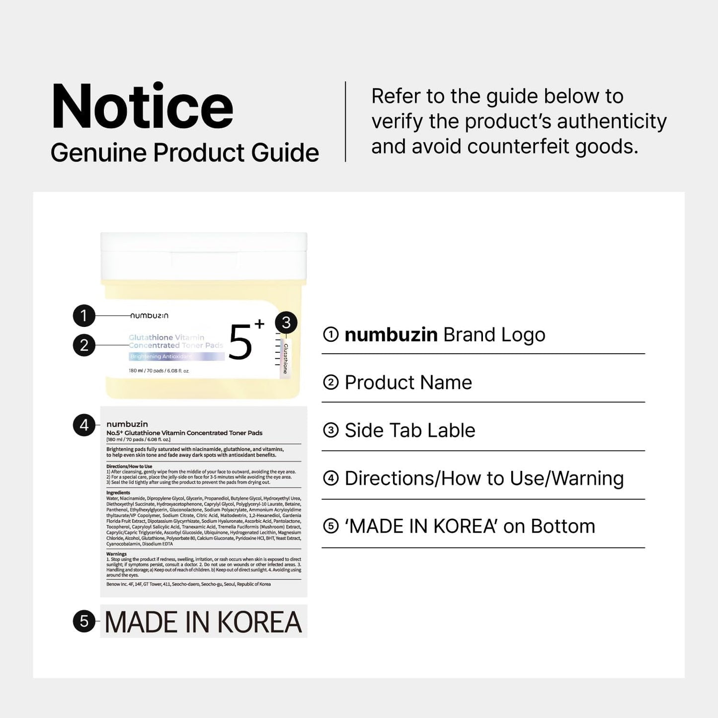 numbuzin No.5 Toner Pads | Vitamin-Niacinamide Concentrated Pad | Double-Sided | Glutathione, Niacinamide, PHA & LHA | Exfoliation, Hyperpigmentation Care | 70 Pads/180 ml