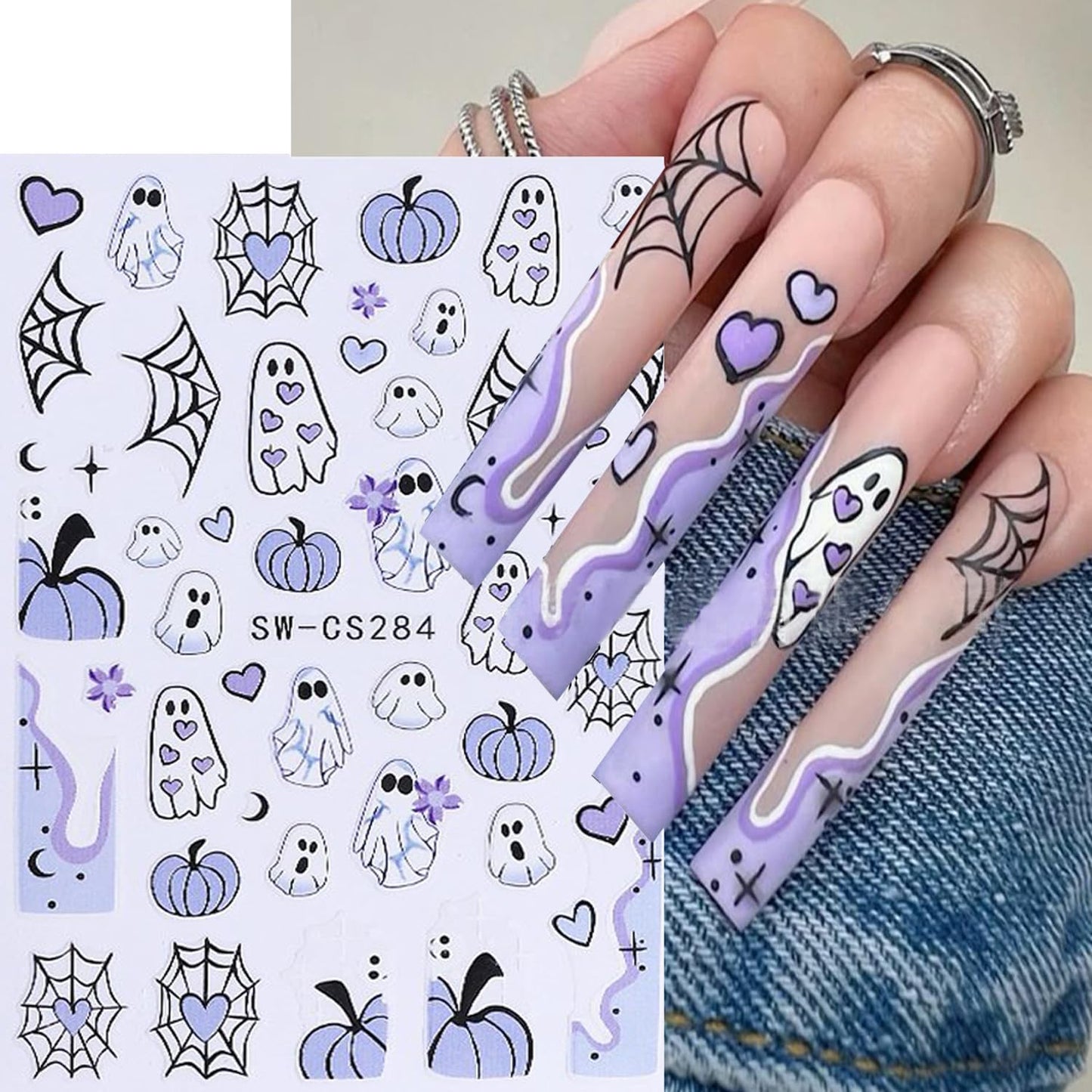 6 Sheets Halloween Nail Art Stickers 3D Self -Adhesive Cute Ghost Pumpkin Nail Decals Holographic Heart Spider Web Skeleton Flame Nail Stickers Halloween Nail Decoration for Women Manicure Supplies
