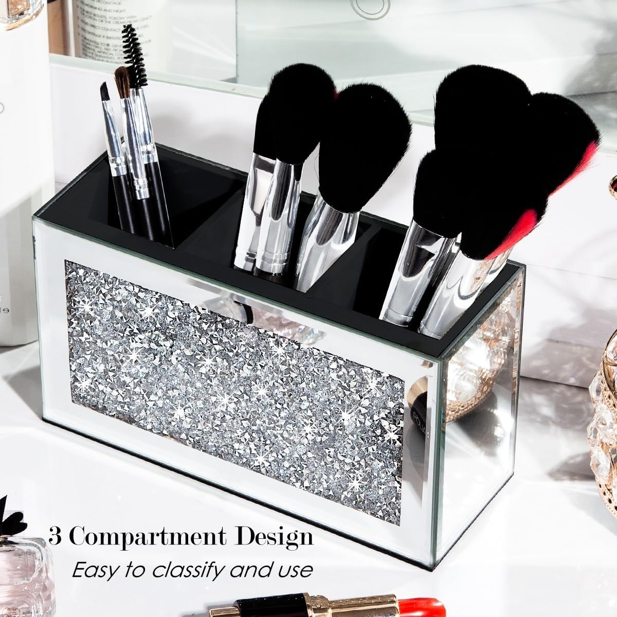 SHYFOY Mirrored Makeup Brush Holder Organizer, 3 Slot Glass Cosmetics Brushes Storage Holders with Crystal Crushed Diamond, Cute Pen and Pencil Holder for Desk, Eyeliners Display Case for Vanity