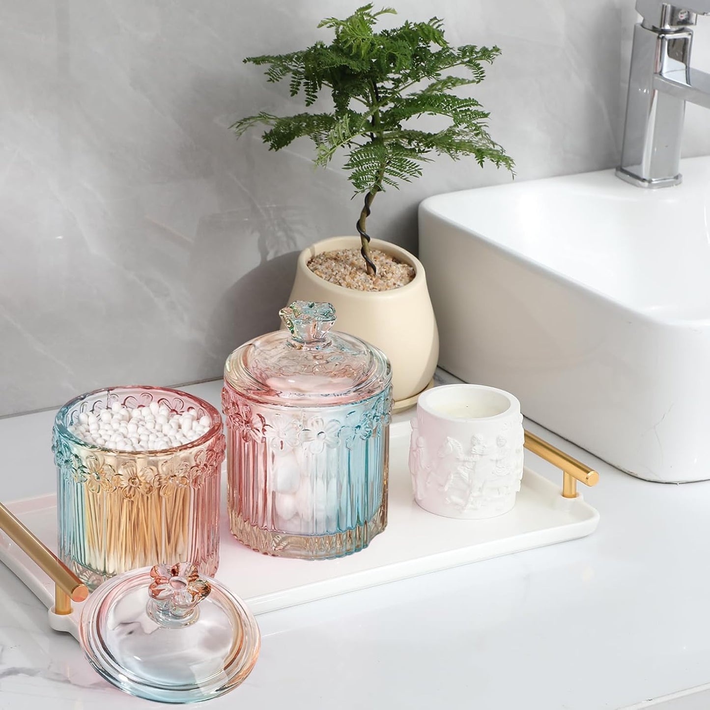 rejomiik 2 Pack Qtip Holder Glass Apothecary Jars with Lids Set Bathroom Canisters Dispenser Organizers and Storage for Cotton Swabs, Balls, Pads, Floss Picks, Candy, Rainbow