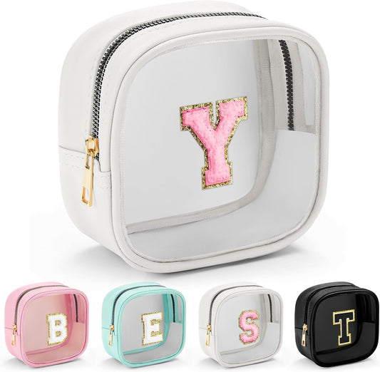 YOOLIFE Initial Make Up Bag Travel Toiletry Bag, Clear Makeup Bag Preppy Cosmetic Bags Organizer Travel Essentials Gifts for Women Teen Girlfriend Teacher Mom Birthday Mothers Day Gifts White Y