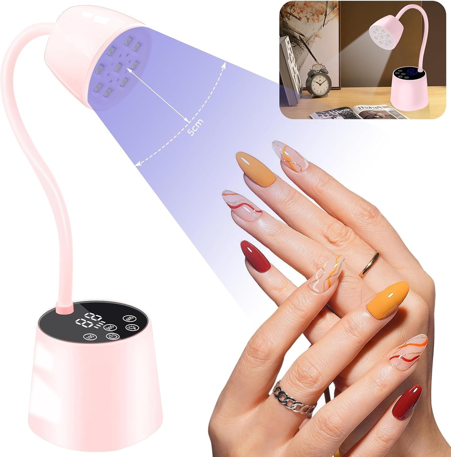 UV LED Nail Lamp - Gooseneck UV Light for Gel Nails Cordless USB 27W Nail Dryer 2 in 1 Gel Lamp and Desk Lamp with 4 Times & Auto Sensor Professional Fast Flash Curing Polish Nail Art(Pink)