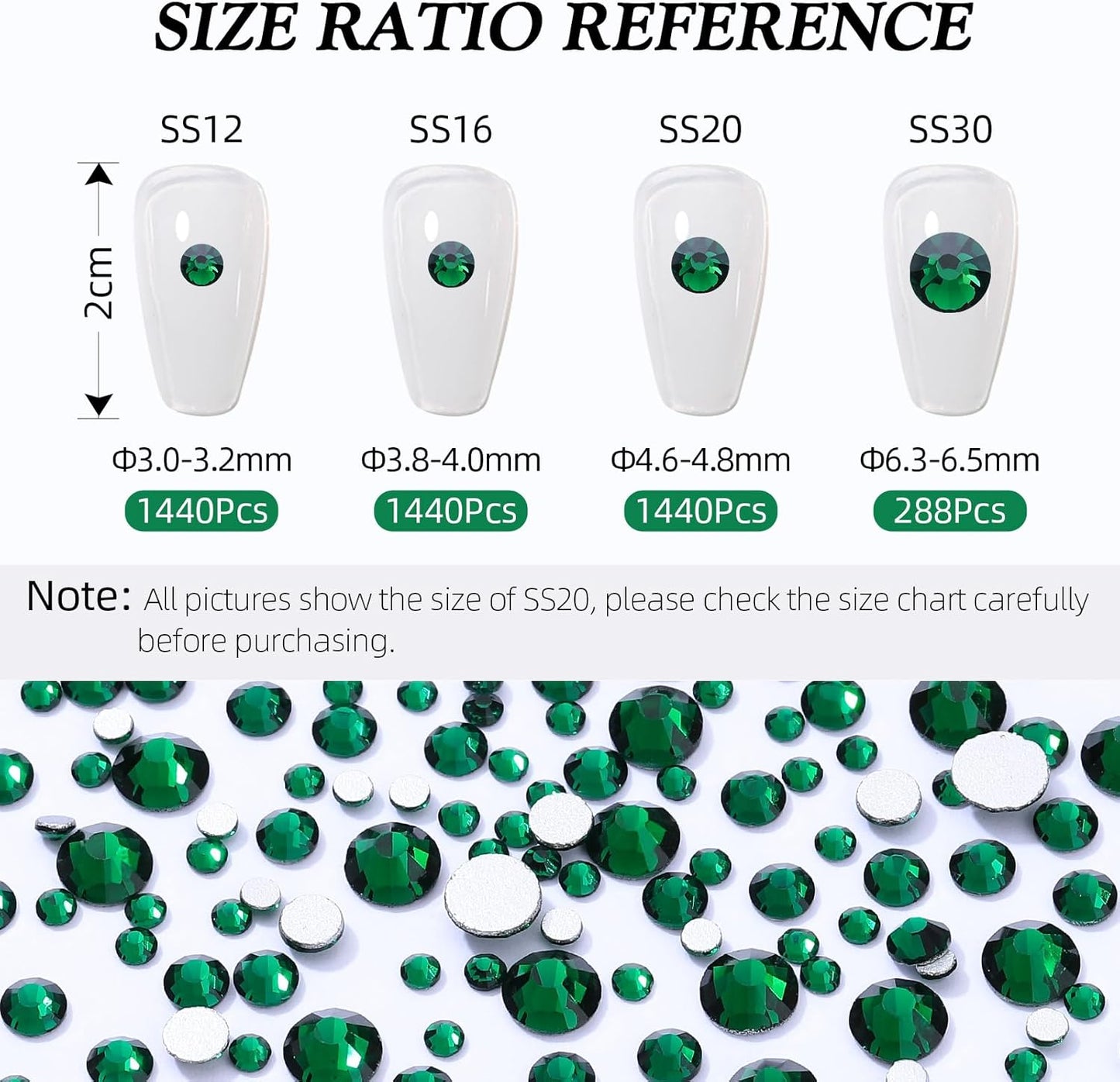 Malachite Green Flatback Rhinestones, Glass Rhinestones for Nail Art and Craft, Glue Fix, Loose Crystal Gemstones(Green, SS30, 288pcs, 6.4-6.6mm)