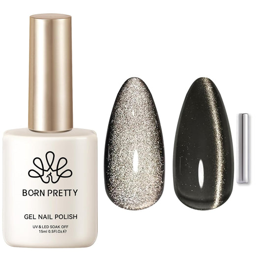 Born Pretty Cat Magnetic Eye Gel Nail Polish, Black Pearl Glitter Cat Magnetic Gel Nail Polish, Holographic Magnetic Nail Polish for Nail Art Manicure Salon DIY at Home 15ML