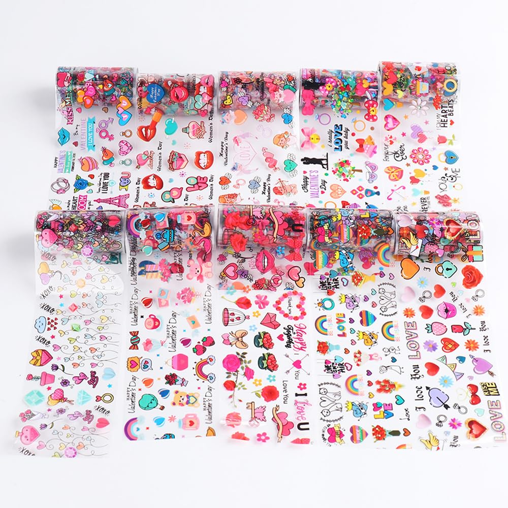 Valentine's Day Love Heart Nail Foil Transfer Stickers Nail Art Supplies Foil Transfers 10pcs Flowers Starry Sky Nail Decals Manicure Tips Wraps Nail Art for Women Fingernails and Toenails DIY Decor