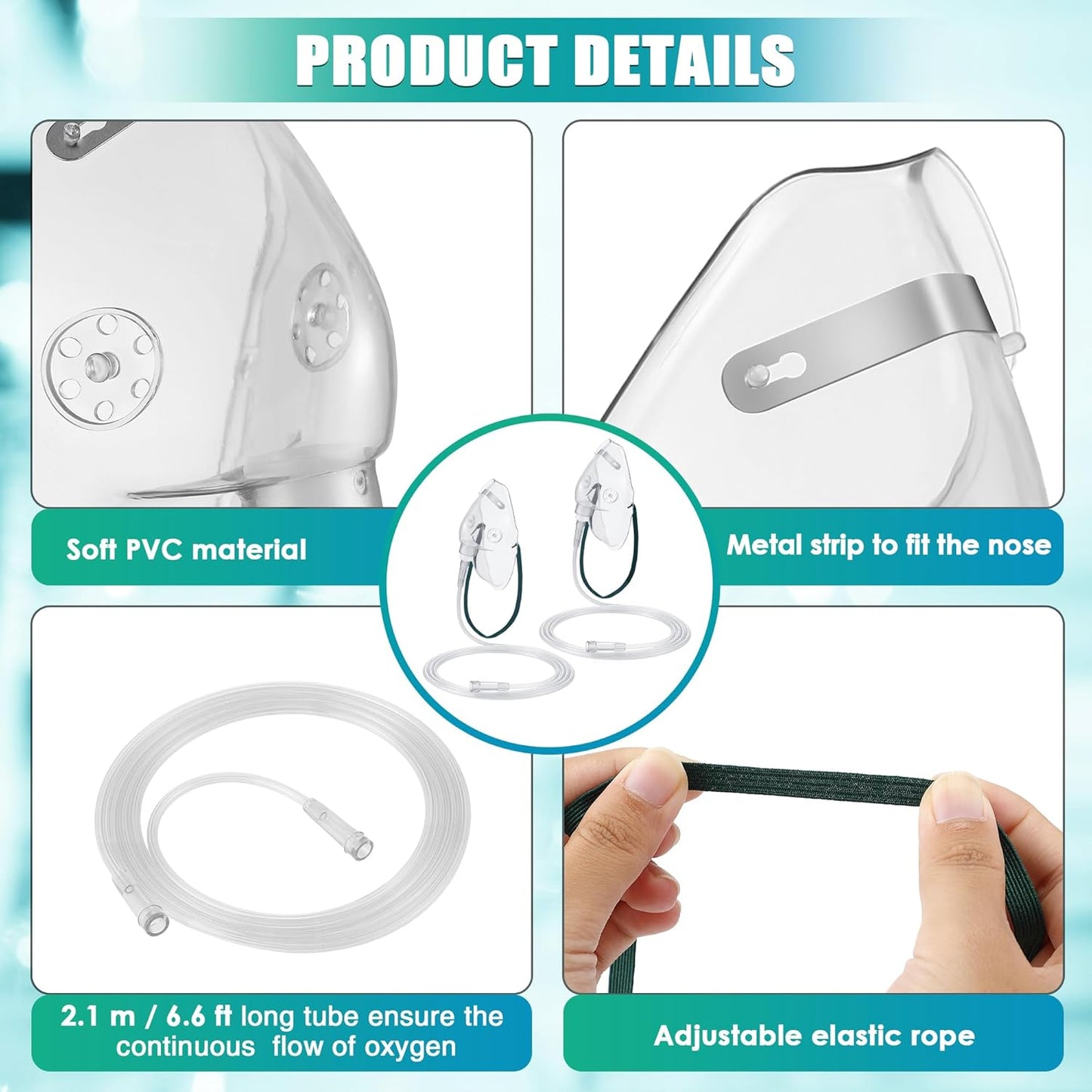Geiserailie 2 PCS XL Oxygen Mask with 6.6 Ft Tubing and Adjustable Elastic Strap, Adult Oxygen Mask with Tubing, Transparent Oxygen Masks for Face Adult