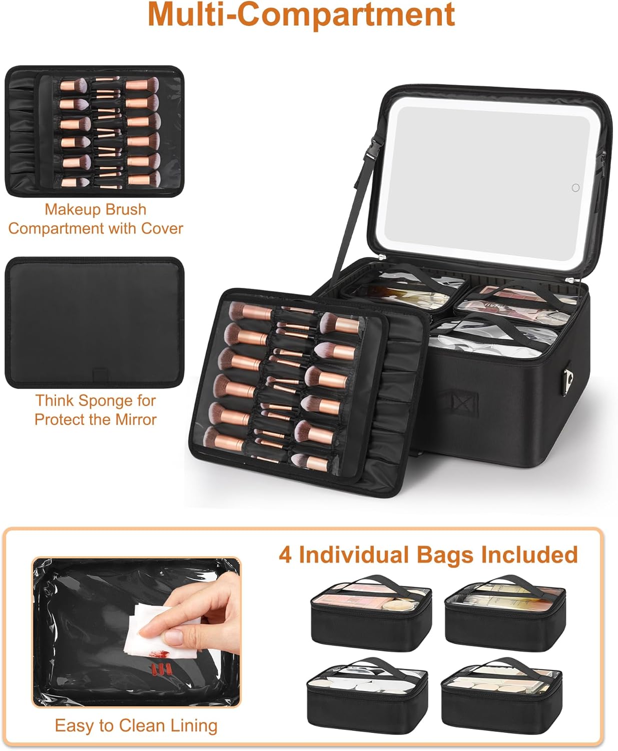 Relavel Extra Large Cosmetic Bag with LED Mirror, Train Makeup Case with Adjustable Dividers and 4 Removable Pouches, Hair Supplies Organizer, Portable Cosmetic Organizer Bag for Makeup Artists