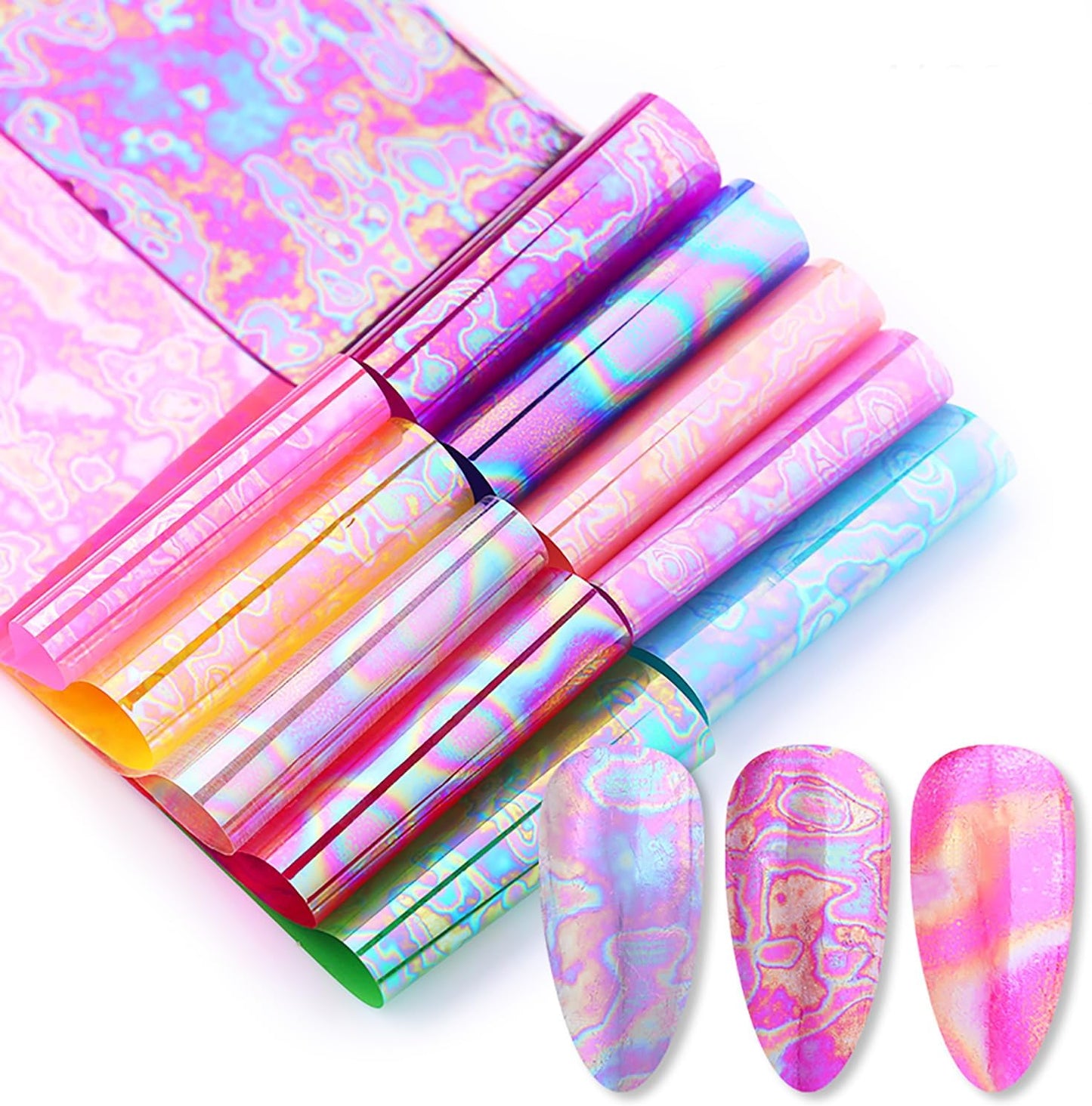 JERCLITY 10 Rolls Aurora Iridescence Nail Foil Transfer Sticker Kit Holographic Decals Laser Nail Foil Transfer Stickers Wraps