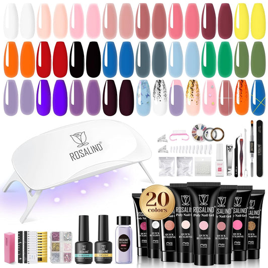 ROSALIND 20 Colors Poly Nail Gel Kit with Mini Nail Lamp Glitter Poly Nail Gel Kit Collection with Tools Clear All Seasons Classic Colors Halloween Starter Kit