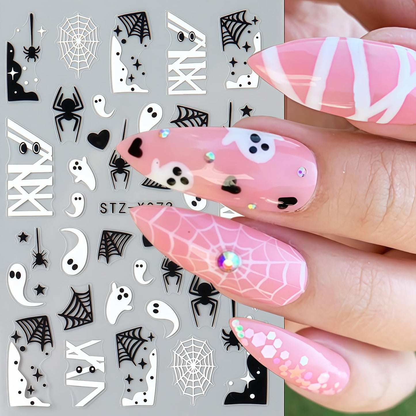 6 Sheets Halloween Nail Stickers, Spider Nail Art Stickers 3D Self-Adhesive White Black Spider Web Blood Heart Star Spiders Ghost Nail Decals Holiday Sticker for Halloween Party DIY Nails Decoration