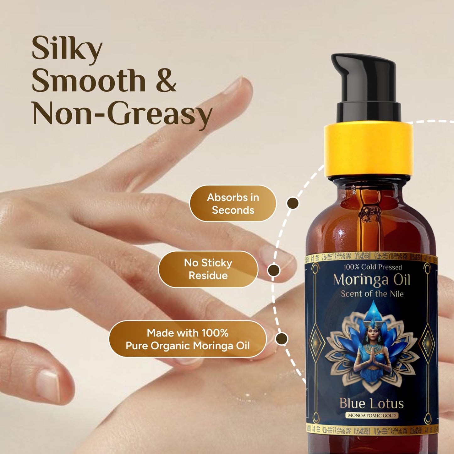 Pure Organic Moringa Oil with Blue Lotus Flower – Deep Hydrating & Anti-Aging Ritual Oil for Skin, Hair & Nails – Premium 100% Cold Pressed Moringa Seed Extraction, Nourishes & Hydrates Skin 2oz.