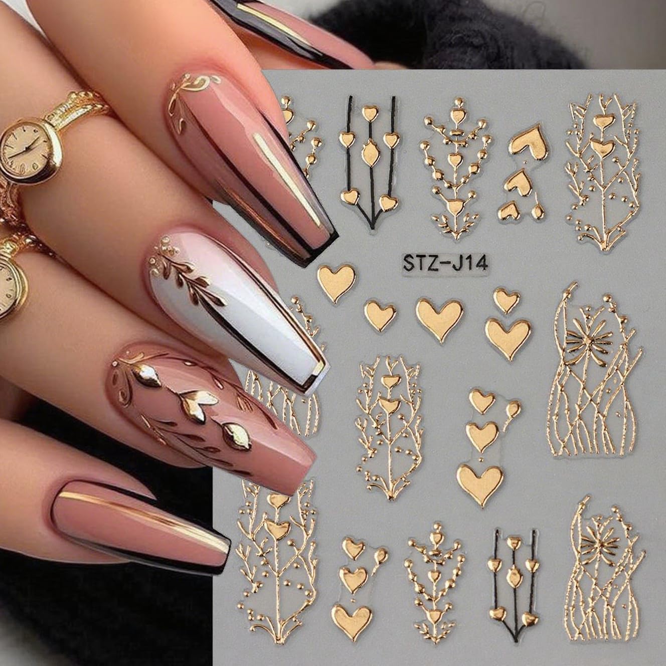 Fall Nail Stickers Gold Leaf Thanksgiving Nail Decals DIY Self Adhesive Floral Fruit Nail Design 3D Nail Decoration Supplies Holiday Manicure Accessories for Women Girls 4Pcs