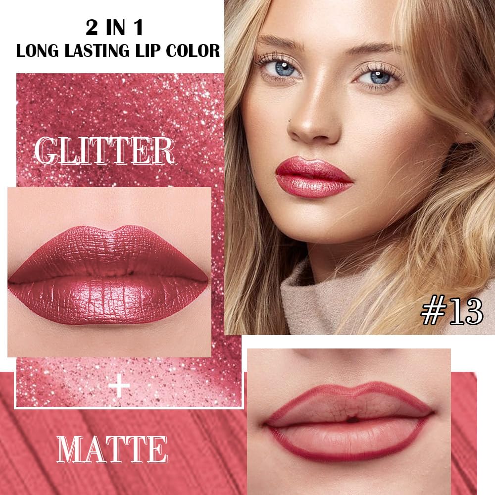 evpct Mauve Red Metallic Glitter Lip Liner and Lipstick Combo Lip Gloss Stain Set Makeup for Women Long Lasting Waterproof 24, Red Metallic Shimmer Frosted Iridescent Glossy Liquid Lipstick 13