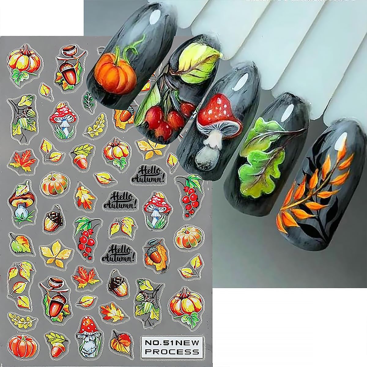 6 Sheets Fall Nail Art Stickers 3D Maple Leaf Nail Decals Autumn Gold Yellow Leaves Mushroom Squirrel Self-Adhesive Nail Designs Thanksgiving Nail Stickers for Women Girls Acrylic Manicure DIY Decor