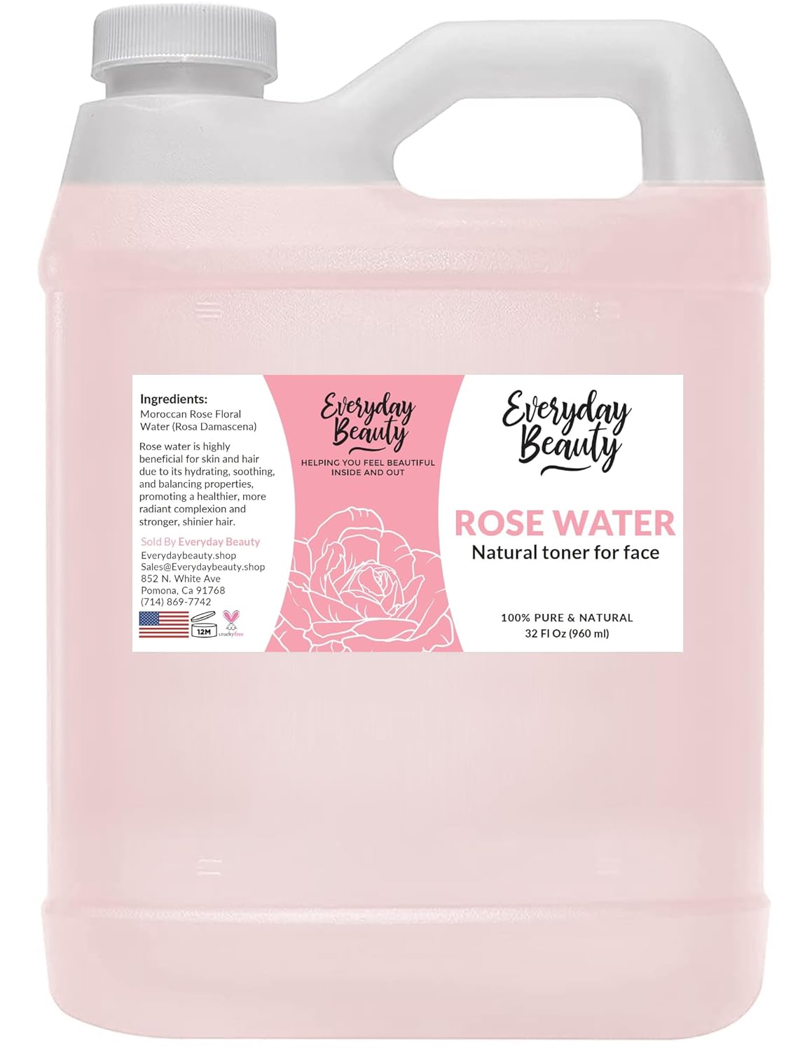 Rose Water Facial Toner - 32oz Bulk Alcohol-Free Vegan All Natural Refreshing for Face and Hair - Uplifts, Calming & Soothing for All Skin Types