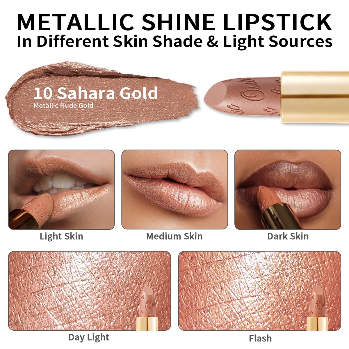Oulac Nude Lipstick for Women with Metallic 3D Shine Lightweight Hydrating Formula, High Impact Lip Color, Vegan Beauty, Full Coverage Lip Makeup, Christmas Gifts for Women, Sahara Gold(10)