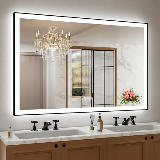 Amorho 55" X40" LED Bathroom Mirror with Black Frame, Front Light and Backlit(Controlled Separately), Stepless Dimmable, Anti-Fog, Shatter-Proof, 3 Colors, Memory