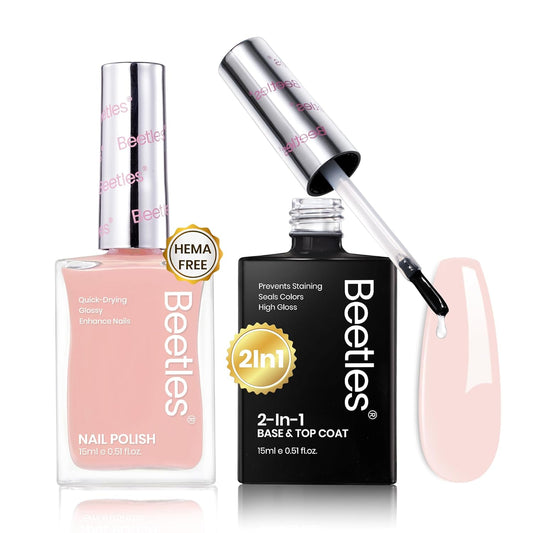 Beetles Sheer Light Nude Pink Nail Polish With 2 in 1 Base & Top Coat Set, Fast Drying & Nail Strengthen, Nail Lacquer Peach Liqueur, No UV Lamp Needed Nail Art Gifts for Women