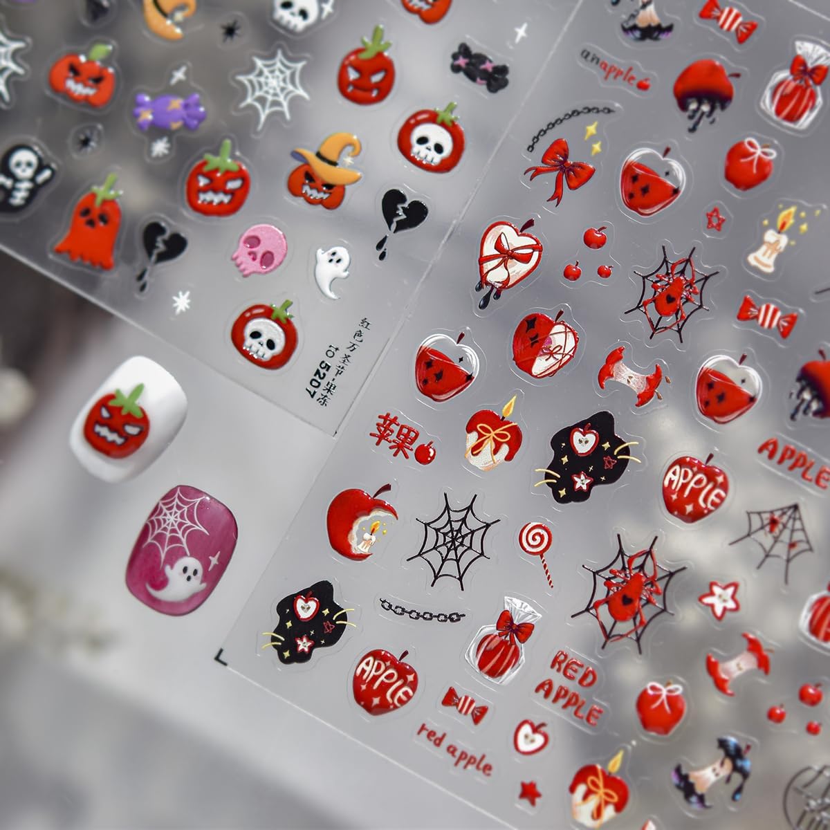 5D Halloween Nail Stickers Red Apple Theme Nail Decals Self-Adhesive Spider Web Gift Candy Browknot Design Thanksgiving Nail for Acrylic Nails DIY Holiday Decoration for Women Kids Party 1 Sheet