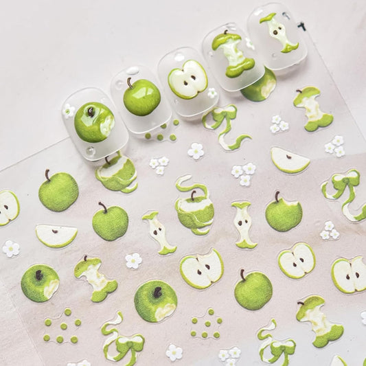 Apple Nail Stickers for Nail Art Cute Red Apple Sticker Flower Nail Art Stickers 5D Embossed Nail Decals 3D Self-Adhesive Nails Supply Manicure Sliders for Nails Decoration