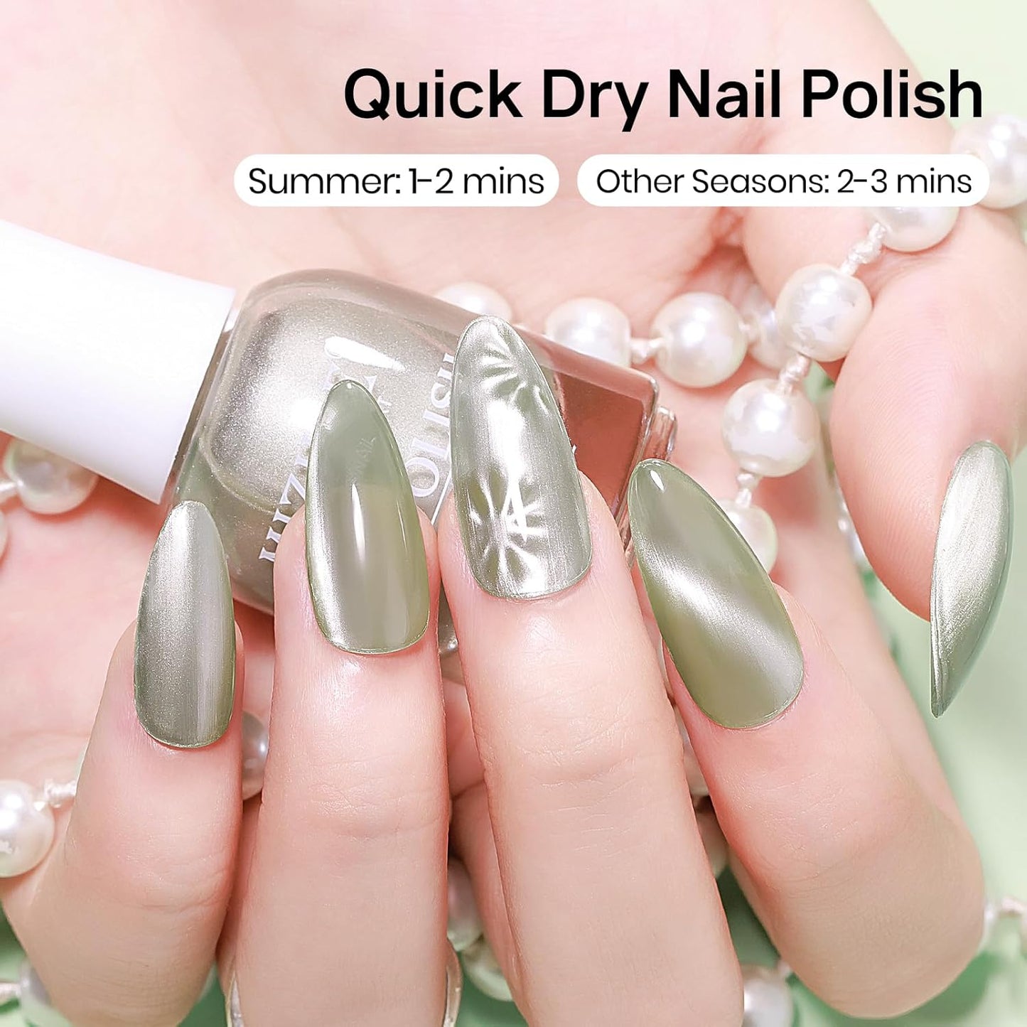 MIZHSE Quick Dry Cat Eye Nail Polish, Green Magnetic Nail Polish with Magnet, Air Drying Fast 15ml Cateye Nail Lacquer for Women Girls Non-Gel Nail Art Manicure DIY Home