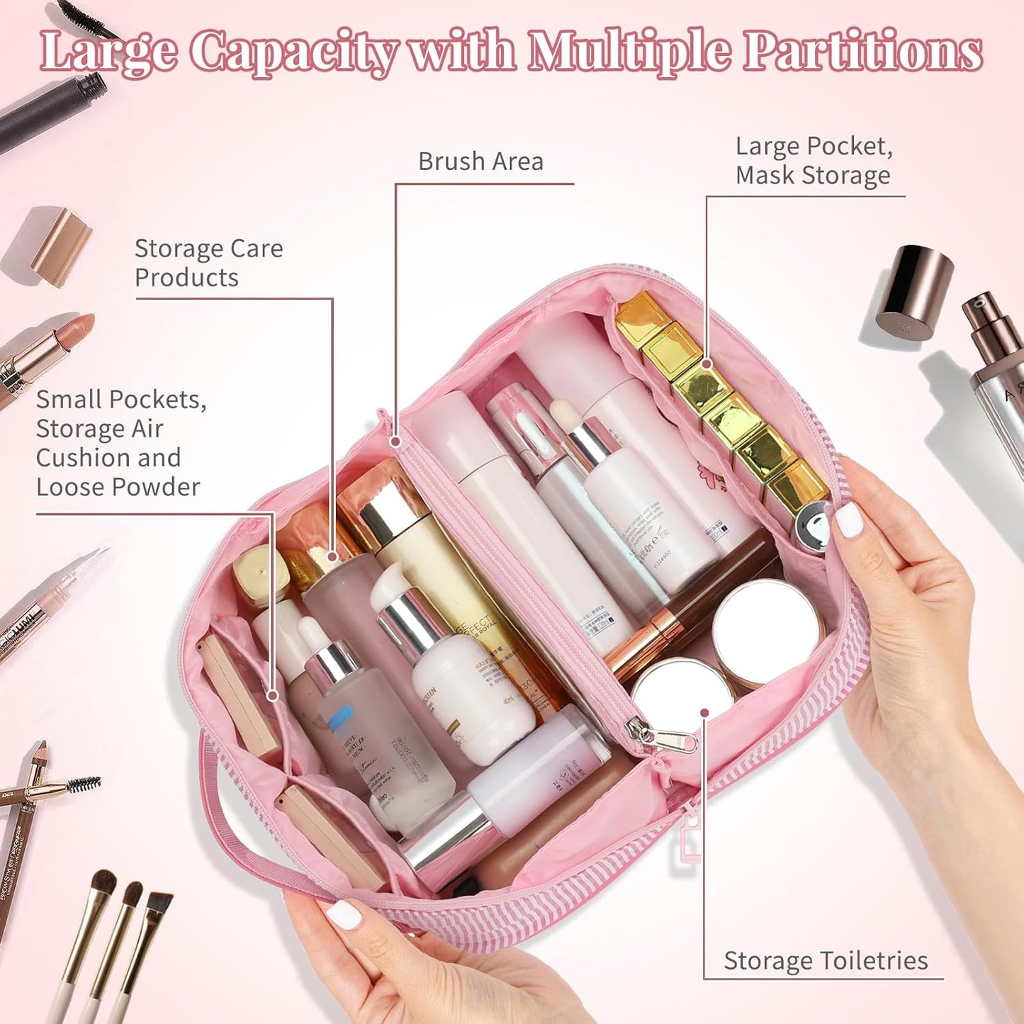 Travel Makeup Bag for Women, 2Pcs Portable Personalized Initial Makeup Organizer Bag, Open Flat Large Cosmetic Bag With Travel Essential Pouch (Pink Letter Z)