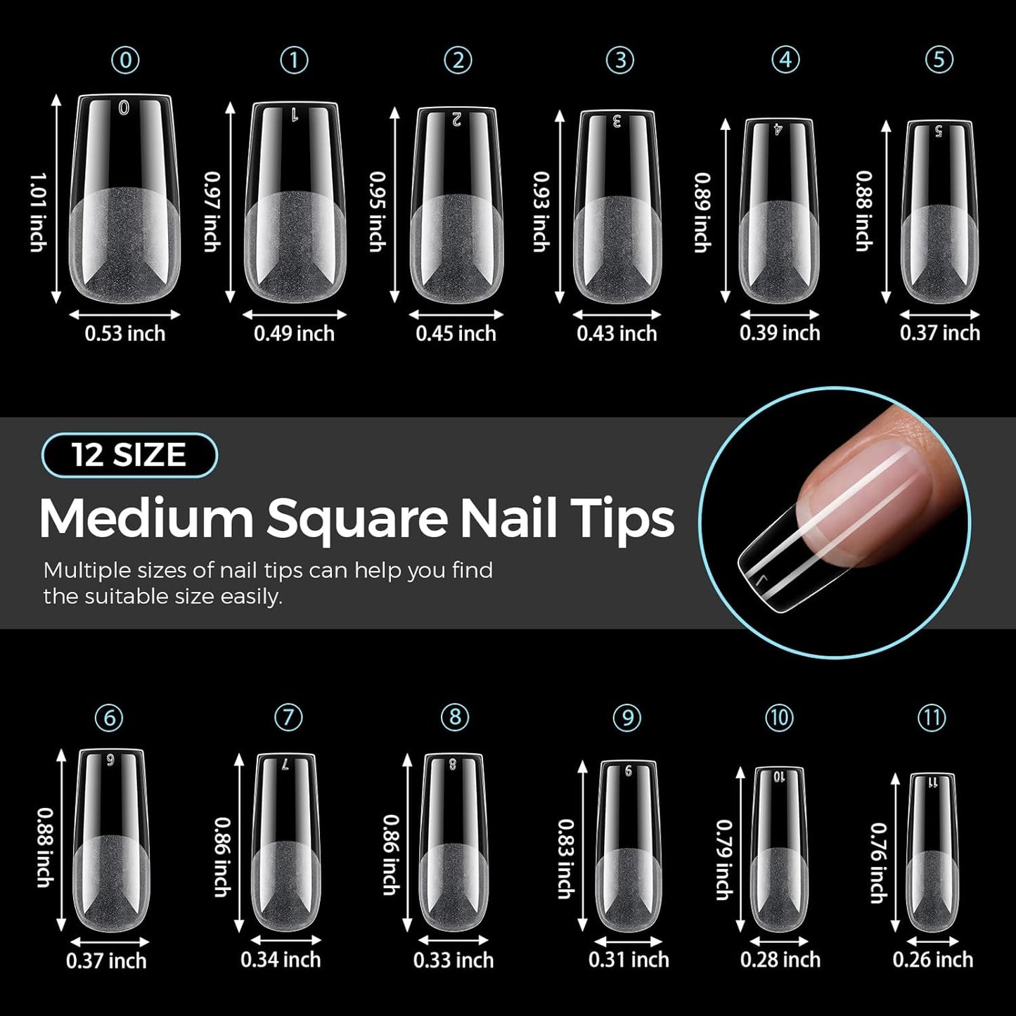 TOMICCA Medium Square Nail Tips Acrylic Nails 240Pcs Acrylic Nail Kit Pre-shape Full Cover Clear Nails Gel Nail Tips for Extension Nail Home DIY, 12 Sizes