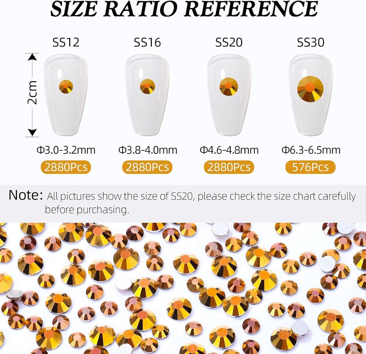 Gold Flatback Rhinestones, Glass Rhinestones for Nail Art and Craft, Glue Fix, Loose Crystal Gemstones(Gold, SS16, 2880pcs, 3.8-4.0mm)