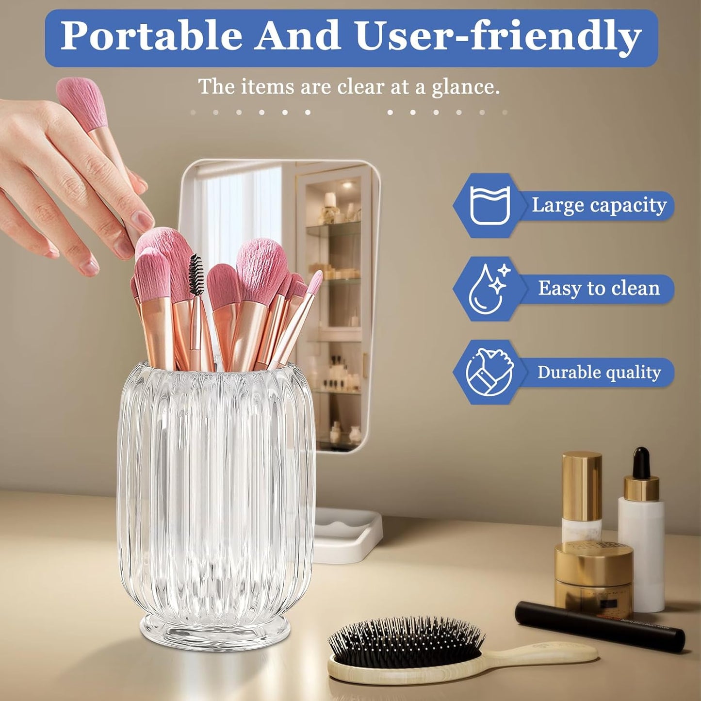 Makeup Brush Holder, Thick Glass Makeup Brush Organizer Cup, 4.8" Tall for Vanity Hair Brush Holder Brushes Storage, Makeup Brush Holder Organizer organizador de brochas de maquillaje Crystal Clear