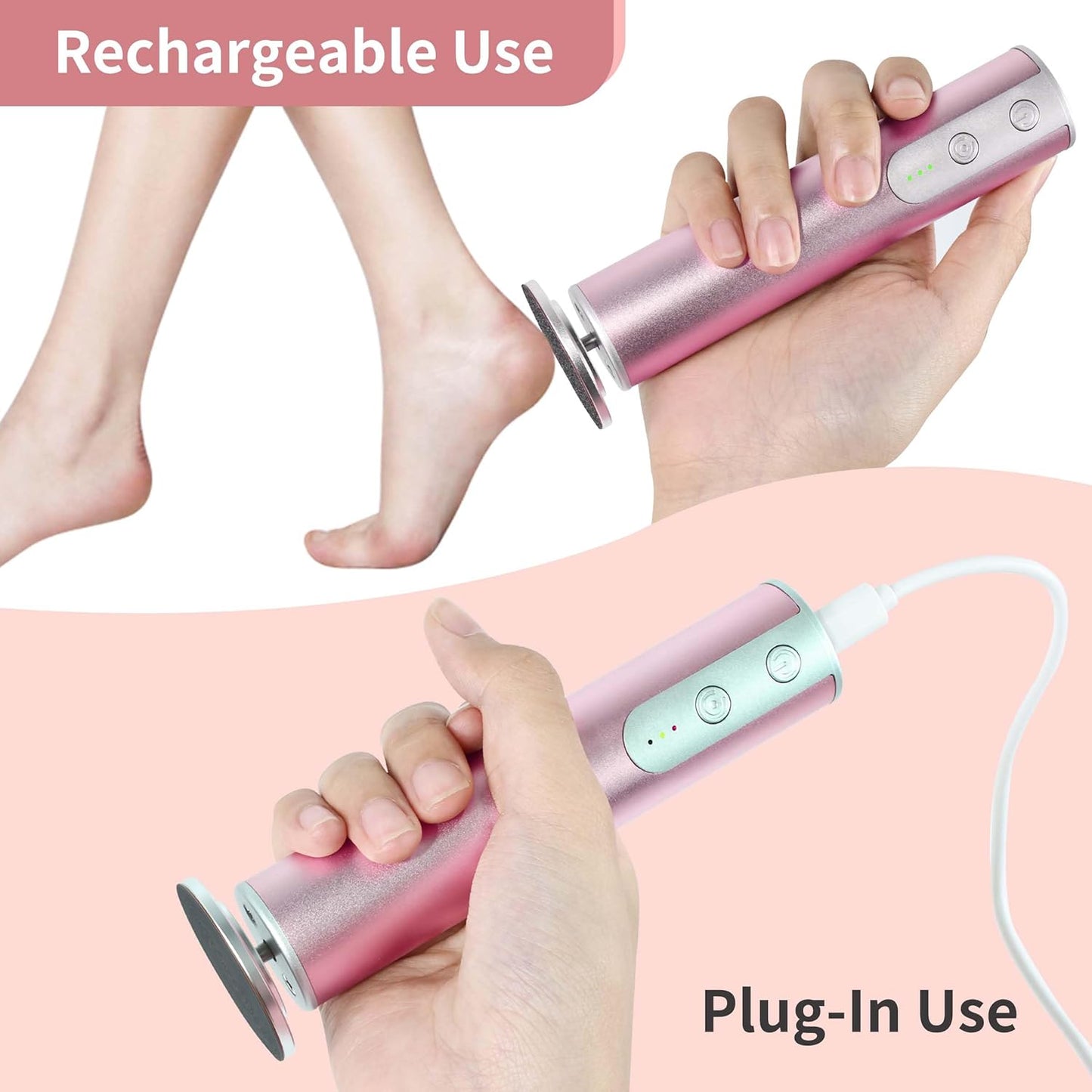 Rechargeable Electric Foot Callus Remover with 3-Sizes 120Pcs Sandpaper Discs, Professional 900RPM 3-Speed Control Aluminum Electric Foot File with Adapter Cable (E3 Rose Pink)