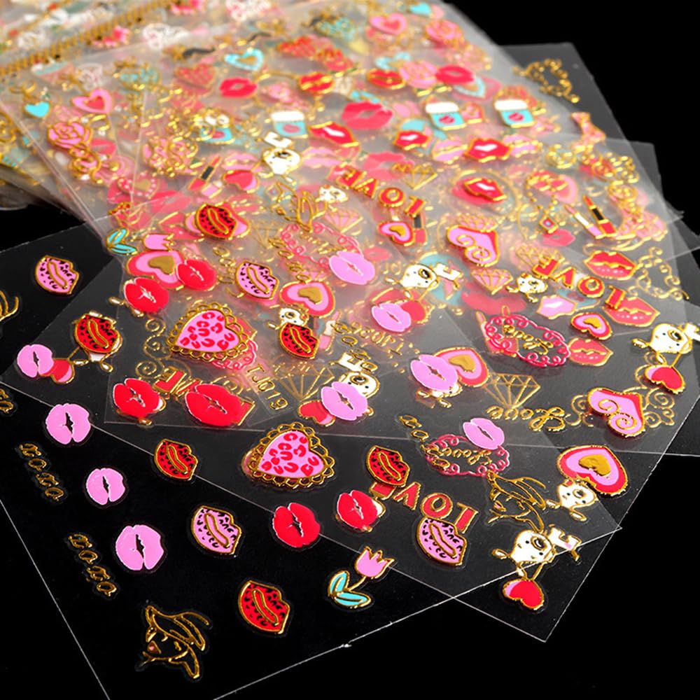 30Pcs Lips Nail Stickers for Valentine's Day 3D Gold Nail Decals Foils Nail Art Supplies Valentines Heart Red Lip Self-Adhesive Nail Design Metallic Nails Stickers for Women Girls DIY Decoration
