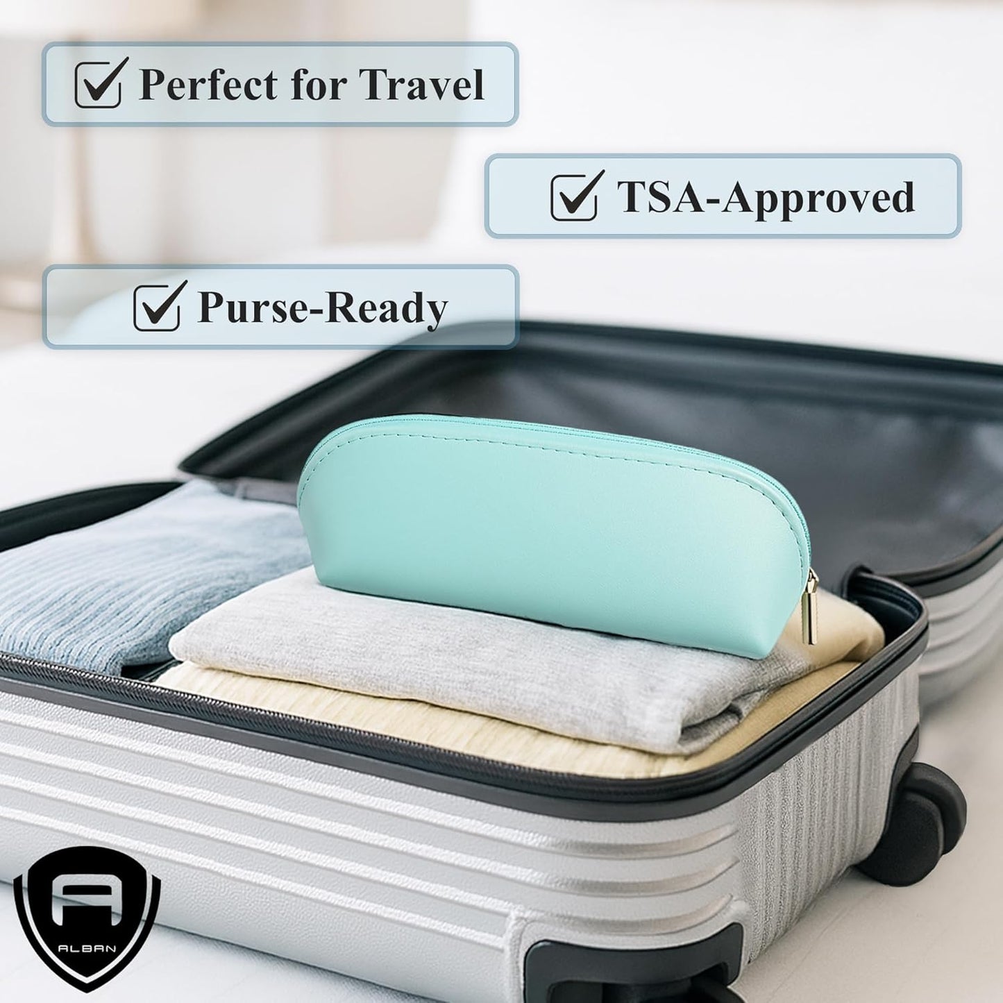 Alban Czech Glass Nail File Set with Manicure Stick & Vegan Leather Cosmetic Case (Turquoise Nail Files, Light Blue Manicure Stick & Cosmetic Case)