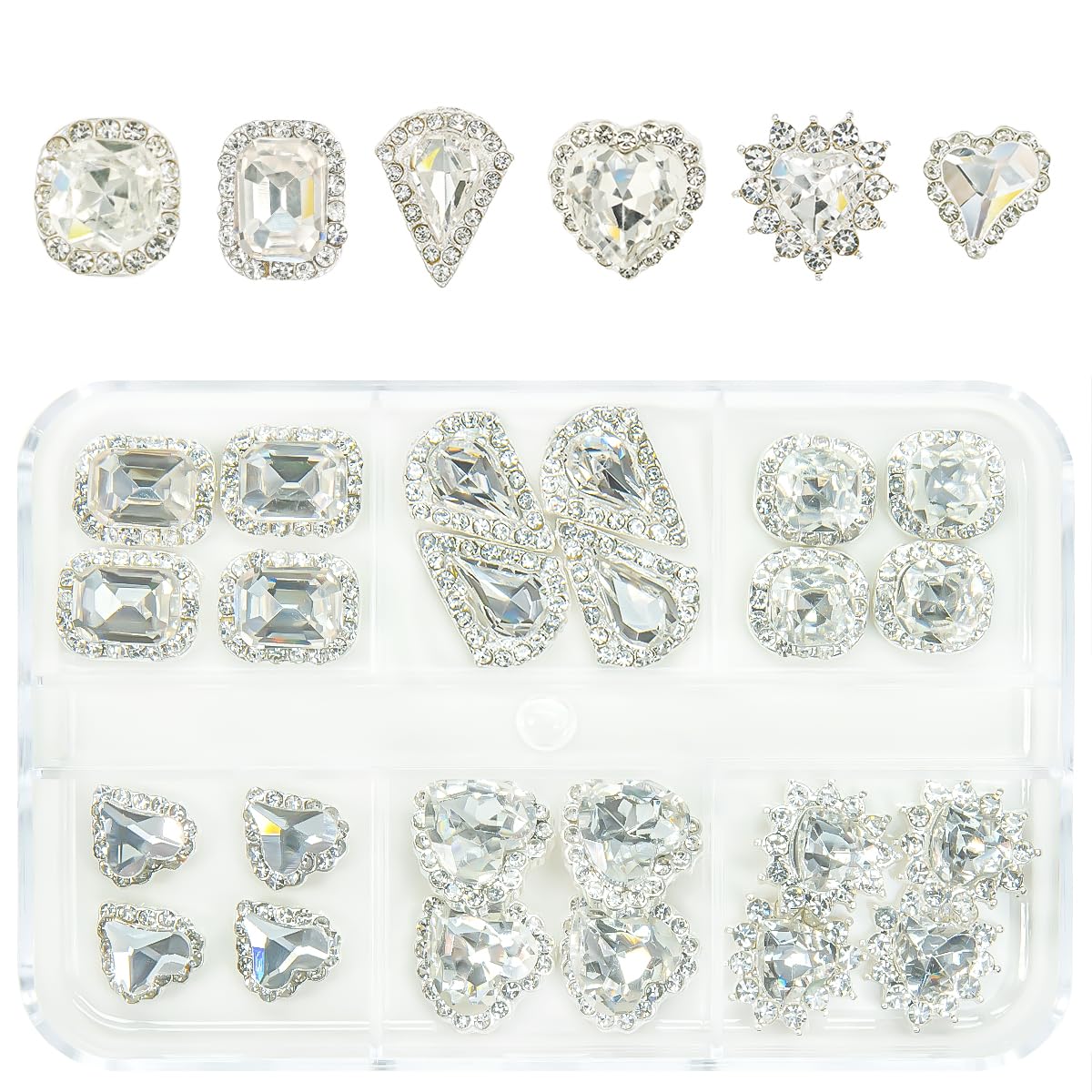 24Pcs 3D Alloy Silver Clear Nail Art Rhinestones Luxury Charms for Nails- 3D Alloy Heart Nail Charms, Elegant Silver Nail Crystal Diamonds Stones Studs for Acrylic Nails DIY Crafts Jewelry