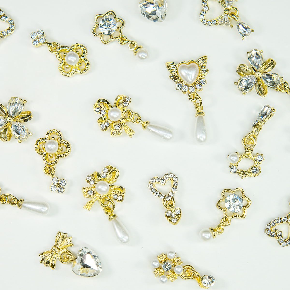 20Pcs Luxury Nail Charms 10 Pair Dangle Nail Art Rhinestones Heart Charms for Nails Flower Nail Crystals Heart Pearl Crystal Big Gems 3D Alloy Gold Luxury Nail Gems for Nails Crafts DIY Jewelry Making
