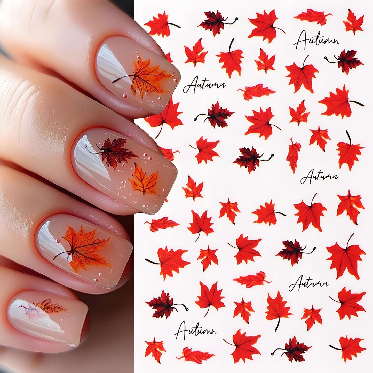 Fall Maple Leaves Nail Stickers for Thanksgiving, Fall Nail Art Decals 3D Self-Adhesive Cute Fox Pumpkin Bow Nails Stickers Nail Design 6Pcs Nail Art Supplies for Women Nail Decoration