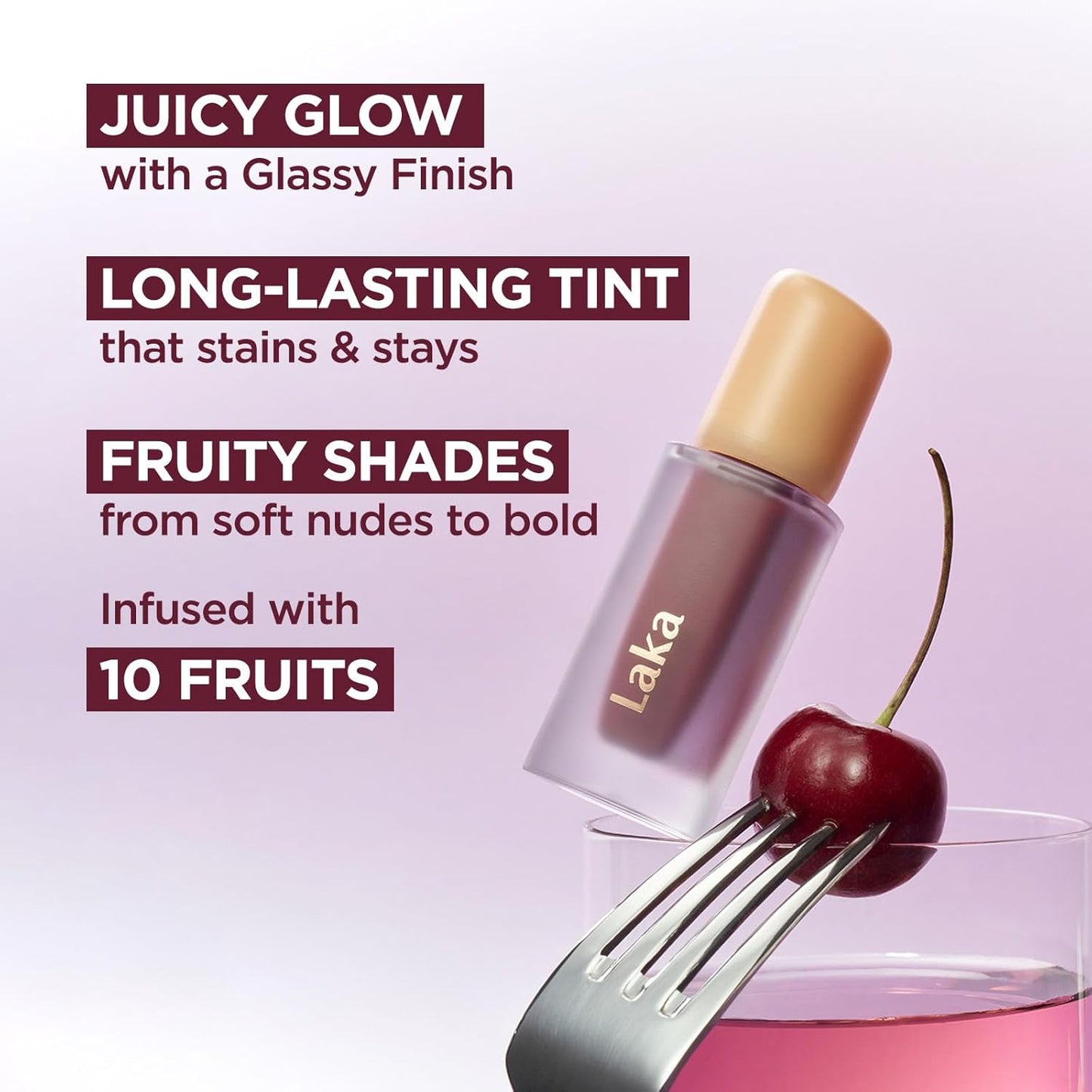 Laka Fruity Glam Tint, 4.5g/0.15 oz., Glowing Lip Stain with Wide Color Spectrum, Hydrating & Lightweight Texture, Long-Lasting Bold Stain, Non-Sticky, Vegan, K-Beauty (#116 Candid)