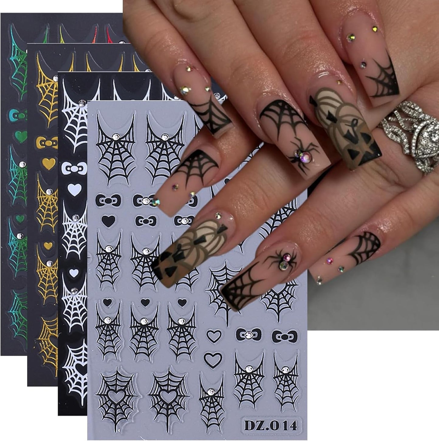 4 Sheets Halloween Spider Web Nail Art Stickers 5D Embossed Halloween Nail Decals with Rhinestone Colorful Spider Web Spider Bow Love Heart Nail Design Adhesive Stickers for Women Decorations Supplies