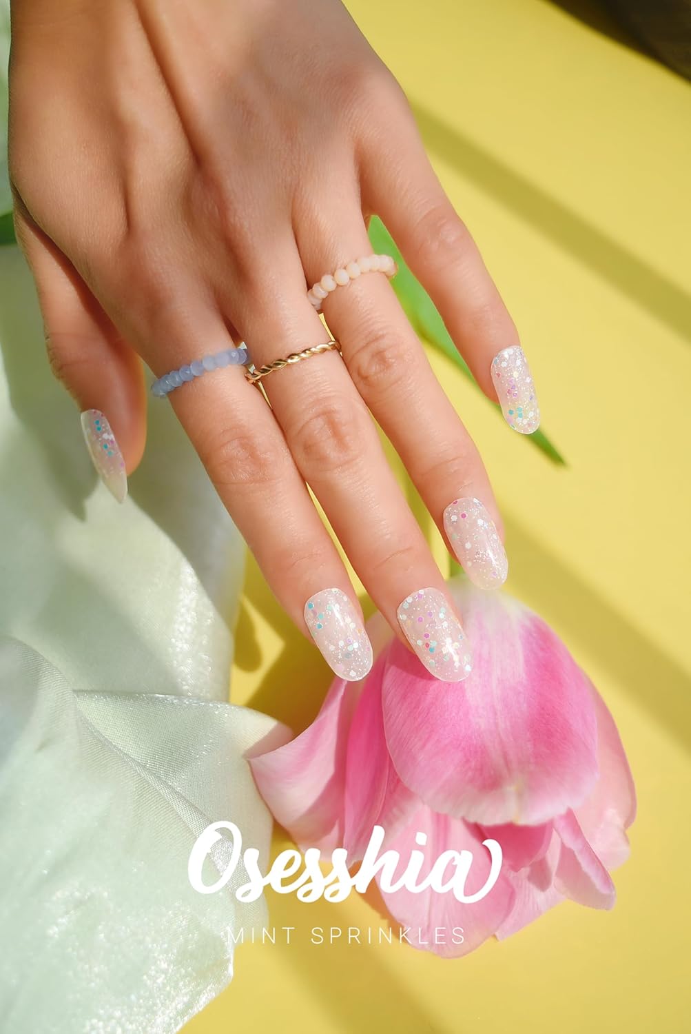 Semi Cured Gel Nail Strips, 20 pcs Nail Wraps, Glaze Stickers, Salon Quality French Manicure, Full Decal Gel Polish Strips, Long Lasting SCG, Easy on, UV Required (Mint Sprinkles)