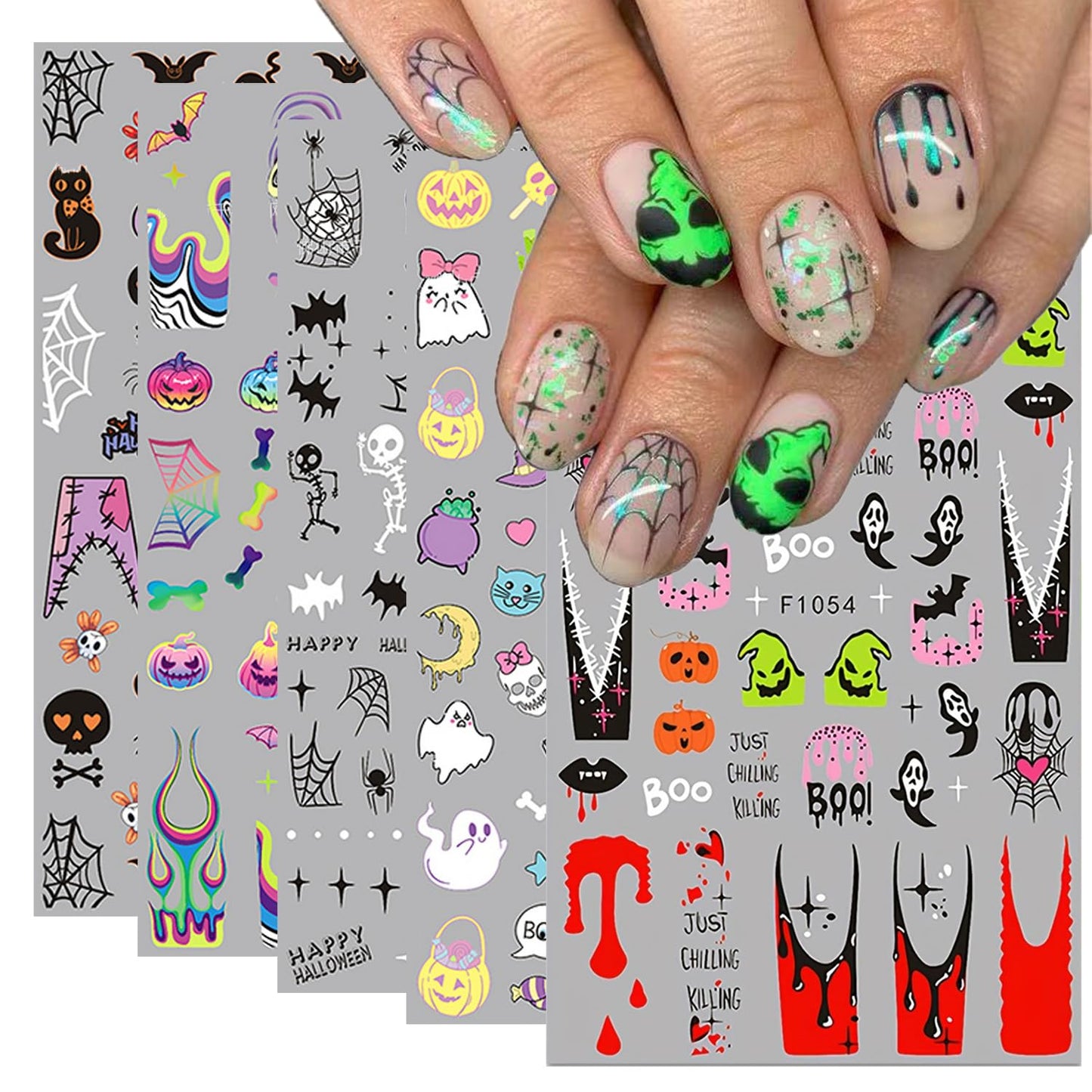 5 Sheets Halloween Nail Art Stickers 3D Self-Adhesive DIY Nail Decal with Cute Ghost Pumpkins Skull Spider Web Design Nail Art Stickers Decal for Women Girls Halloween Nails Decoration Accessories