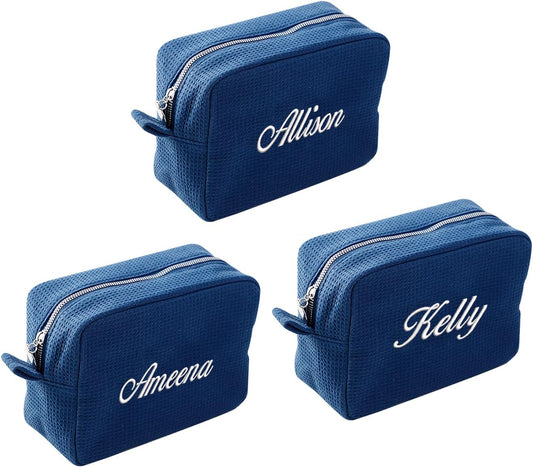 GOPHIE Personalized Embroidered Makeup Bag,Custom Waffle Fabric Cosmetic Pouch for Women, Travel Makeup Pouch (3, Navy Blue)