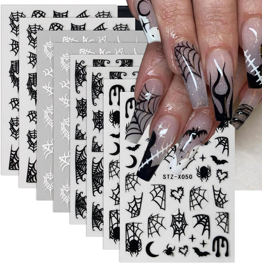 Halloween Nail Stickers Black Nail Decals Self-Adhesive Nail Art Stickers Spider Web Heart Star Moon Bat Design Spider Nails Sticker for Nails Art Decor Holiday Party Manicure for Women 8 Sheet
