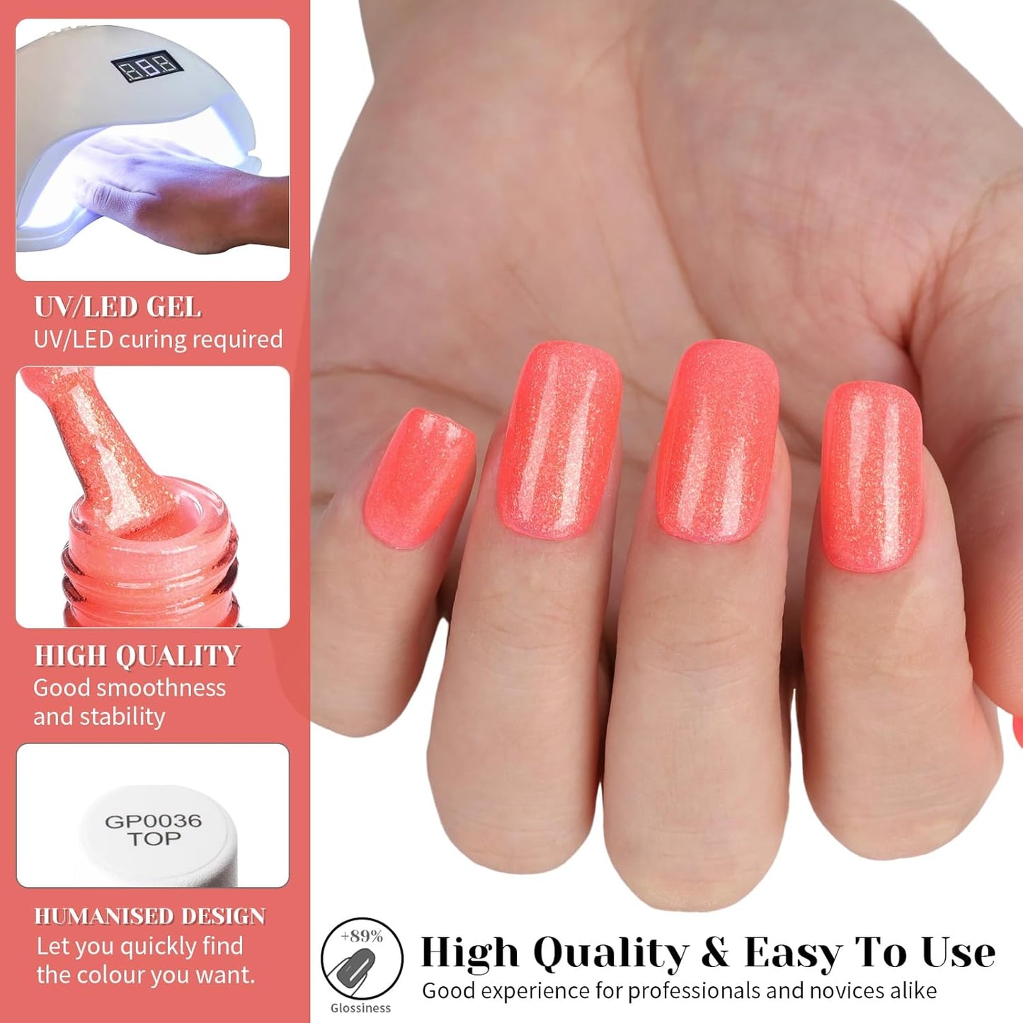 Hot Coral Pink Glitter Gel Nail Polish, 15ml UV/LED Soak Off Sparkly Shimmer Bright Coral Pink Gel Polish for Manicure Salon or DIY Nail Art at Home,Women Girls Gifts - GP0099